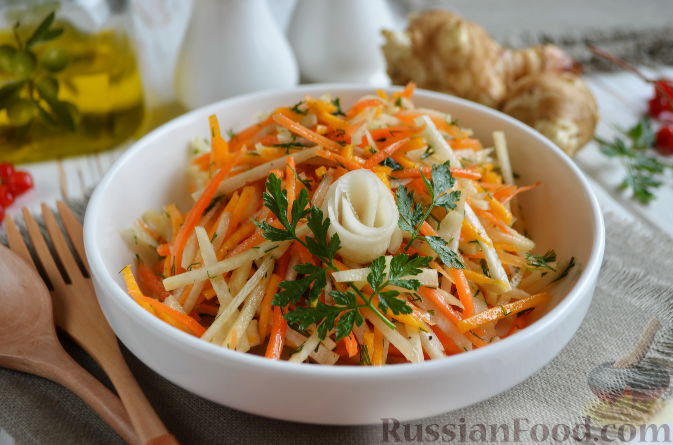 Фото к рецепту: Салат из топинамбура, редьки, тыквы и моркови