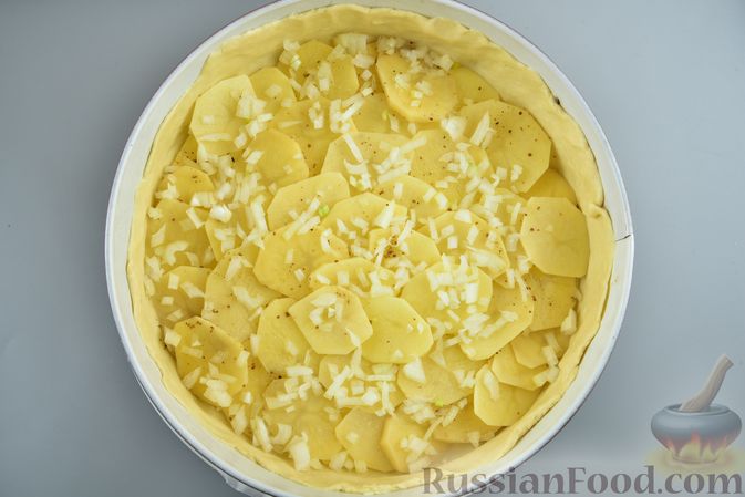 Фото приготовления рецепта: Пирог из песочного теста на сметане, с картошкой и курицей - шаг №15