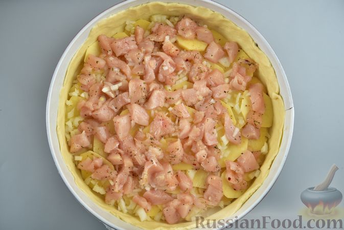 Фото приготовления рецепта: Пирог из песочного теста на сметане, с картошкой и курицей - шаг №16