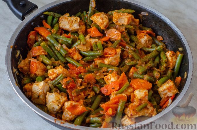 Фото приготовления рецепта: Курица, тушенная со стручковой фасолью, сладким перцем и морковью - шаг №10