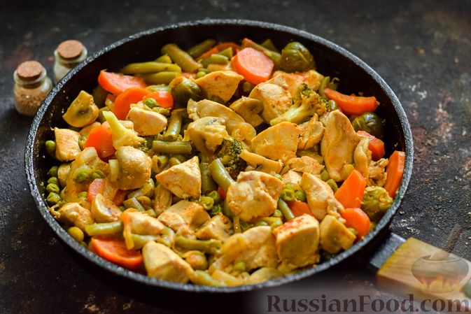 Фото приготовления рецепта: Рагу с курицей, овощами и грибами - шаг №10