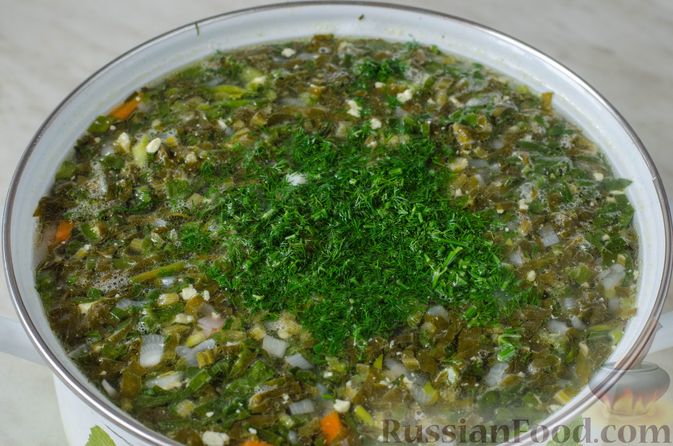 Фото приготовления рецепта: Зелёный борщ со щавелем, шпинатом и жареным мясом - шаг №16