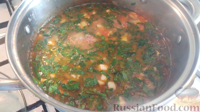 Фото приготовления рецепта: Суп с фрикадельками, овощами, шпинатом и перловкой (на курином бульоне) - шаг №25