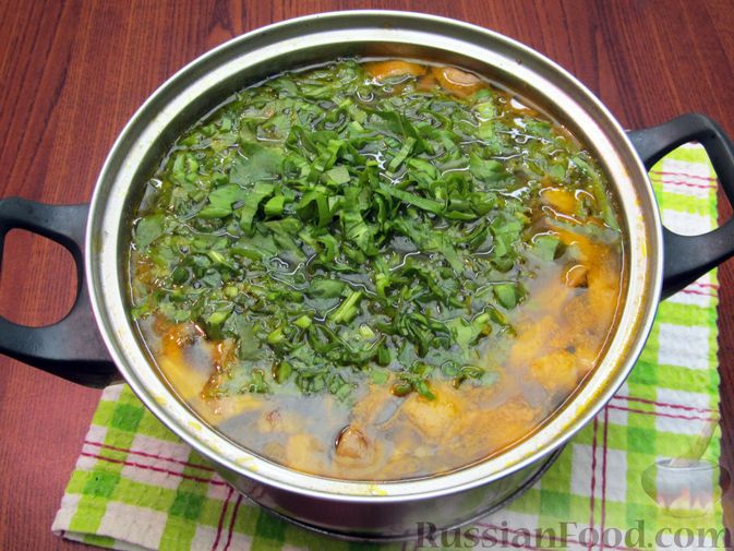 Фото приготовления рецепта: Куриный суп со щавелем и шампиньонами - шаг №17