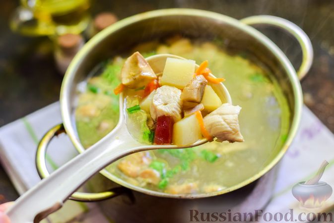 Фото приготовления рецепта: Суп с курицей, грибами и помидорами - шаг №11