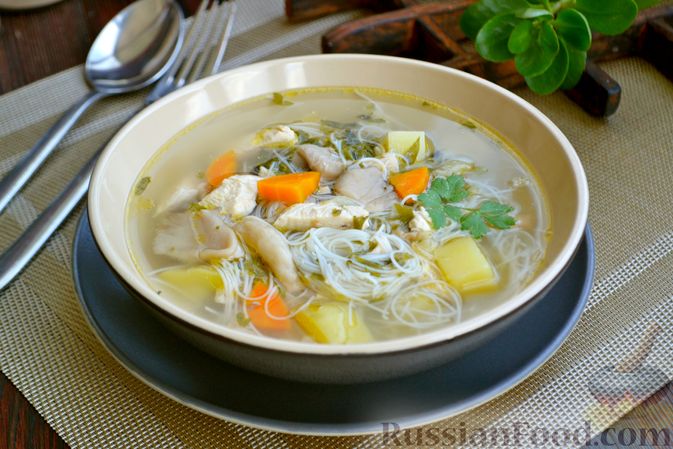 Фото к рецепту: Куриный суп с рисовой лапшой и вешенками
