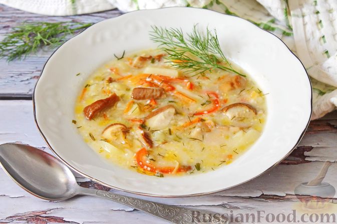 Фото приготовления рецепта: Суп с белыми грибами и плавленым сыром - шаг №15