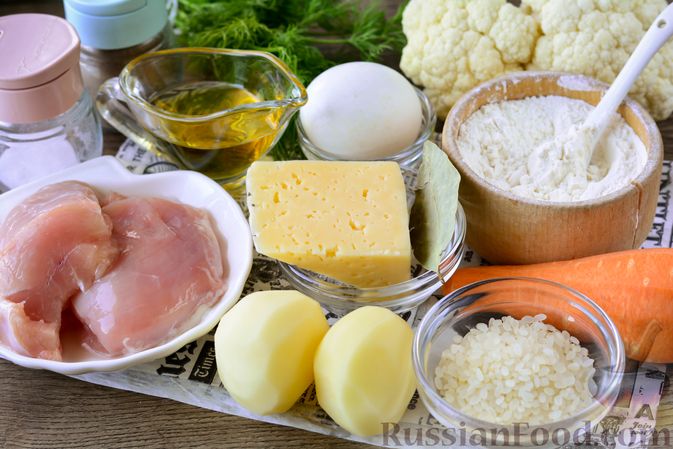 Фото приготовления рецепта: Куриный суп с цветной капустой, рисом и сырными клецками - шаг №1