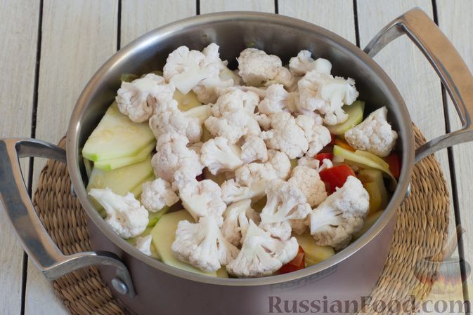 Фото приготовления рецепта: Овощное рагу с  кабачками, сладким перцем, белокочанной и цветной капустой - шаг №7