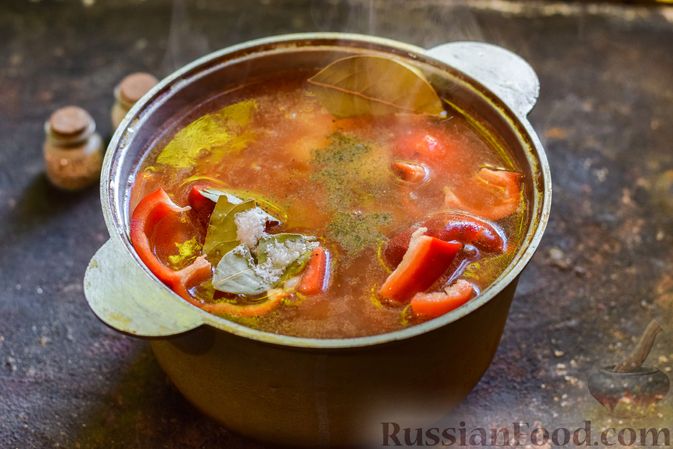 Фото приготовления рецепта: Говяжий суп с болгарским перцем и томатной пастой - шаг №8