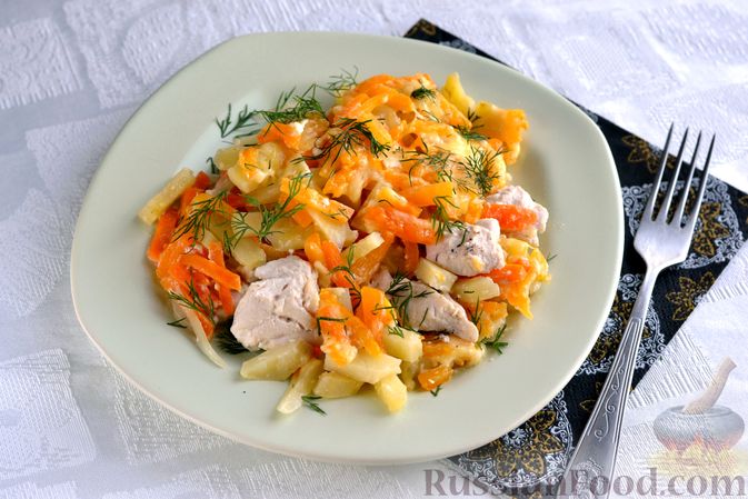 Фото к рецепту: Запеканка с курицей, картошкой, тыквой и морковью