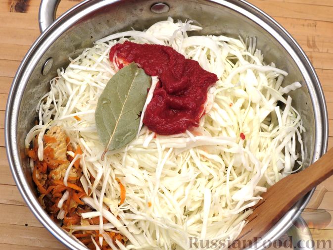 Фото приготовления рецепта: Тушёная капуста с индейкой и томатной пастой - шаг №9