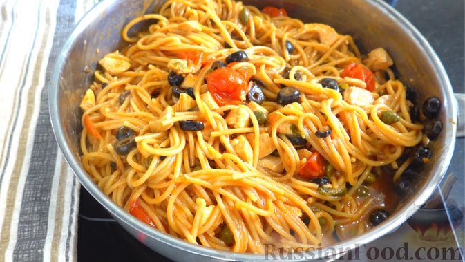 Фото приготовления рецепта: Спагетти с курицей на сковороде за 10 минут - шаг №3