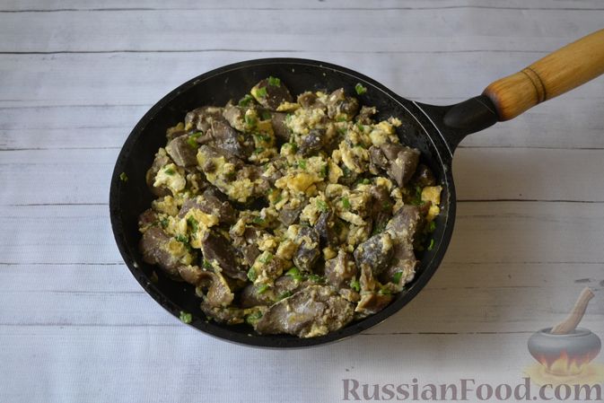Фото приготовления рецепта: Куриные потрошки с яйцом и луком - шаг №9