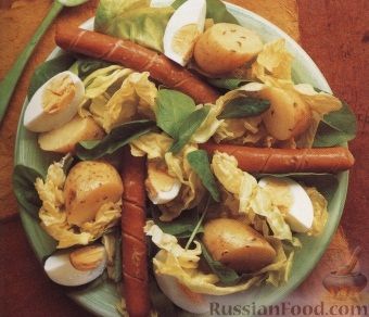 Рецепт Теплый картофельный салат с сосисками и яйцами