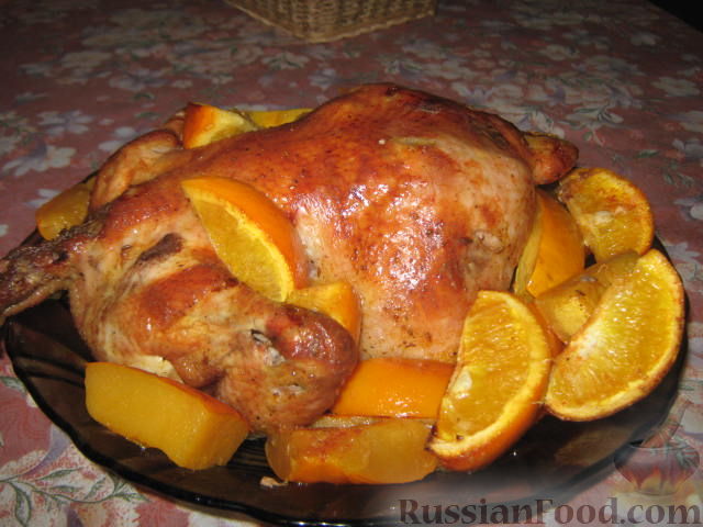 Рецепт Курица, запечённая с апельсинами и тыквой
