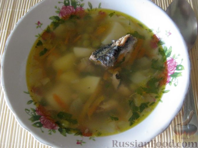 Рецепт Суп из консервированной рыбы с горошком