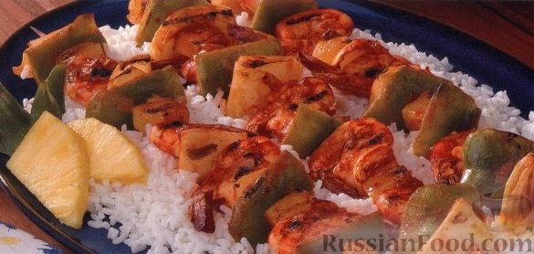 Рецепт Шашлыки из креветок, болгарского перца, лука и ананаса