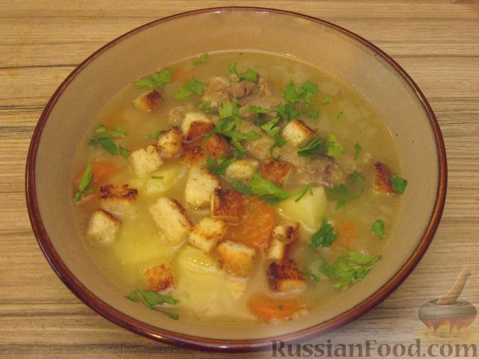 Рецепт Густой куриный суп с чесночными сухариками