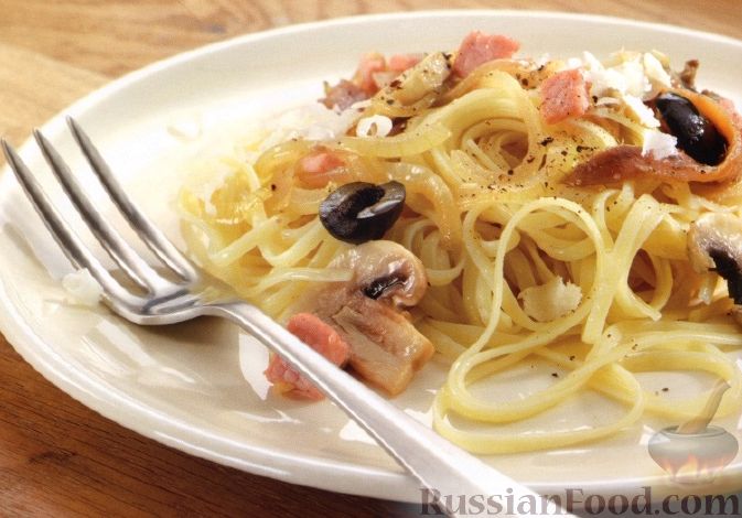 Рецепт Спагетти с беконом, анчоусами, оливками и грибами