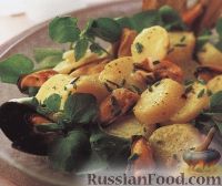 Фото к рецепту: Теплый картофельный салат с мидиями