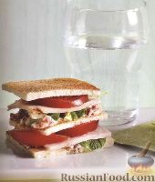 Фото к рецепту: Двойной бутерброд с ветчиной и помидорами