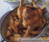 Фото к рецепту: Курица, жаренная в духовке с картофелем