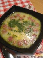 Фото к рецепту: Сырный суп с охотничьими колбасками