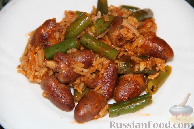 Рецепт Куриные сердечки с рисом и зеленой фасолью