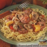 Фото к рецепту: Спагетти с соусом из мяса, овощей и грибов
