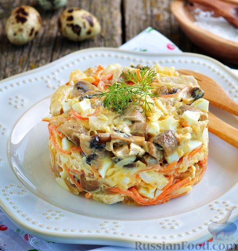 Салат с жареными грибами и курицей - Кулинарный пошаговый рецепт с фото.