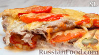 Фото к рецепту: Мясо, запечённое с помидорами и сыром