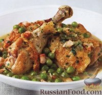 Фото к рецепту: Курица с панчеттой, горошком и мятой