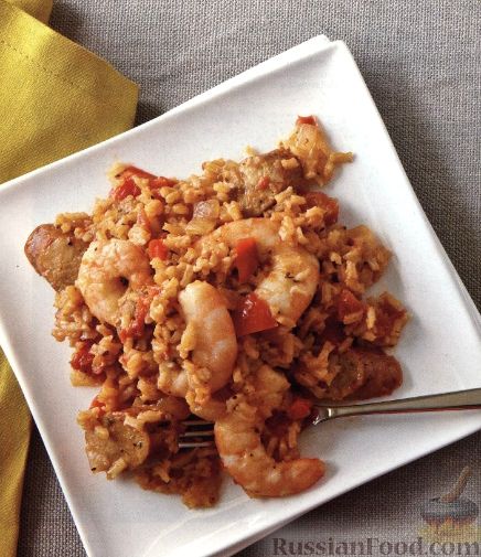 Рецепт Рис с креветками, домашней колбасой и овощами