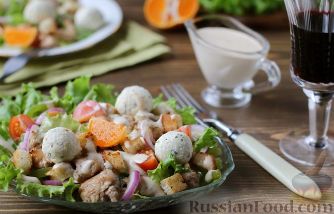 Овощной салат с сырными шариками - рецепт с рачетом калорийности и БЖУ