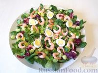 Фото приготовления рецепта: Салат с креветками, свежими огурцами и красной икрой - шаг №9