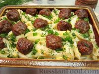 Фото к рецепту: Макароны с сыром и фрикадельками, в духовке