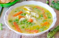 Фото к рецепту: Куриный суп с рисом и свежим горошком