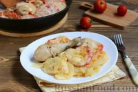 Фото к рецепту: Тушёные куриные ножки с картофелем, помидорами и сыром