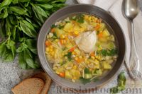 Фото к рецепту: Куриный суп с кукурузой, шампиньонами и макаронами