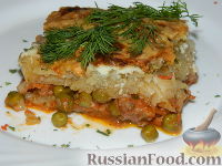Фото к рецепту: Картофельная запеканка с зеленым горошком и фаршем