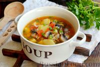 Фото к рецепту: Суп с фаршем, рисом и обжаренными грибами