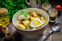 Фото к рецепту: Куриный суп с морской капустой и консервированным горошком