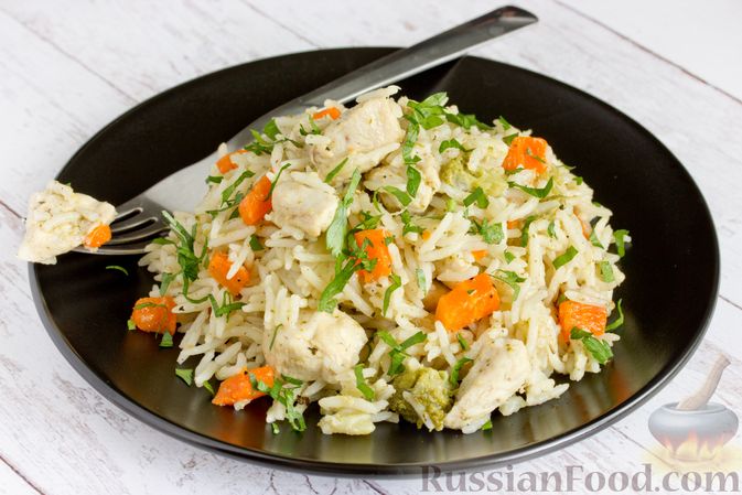 Рис с мясом и овощами на сковороде