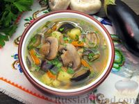 Фото к рецепту: Куриный суп с шампиньонами и баклажанами