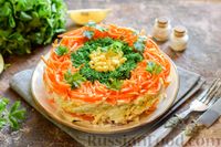 Фото к рецепту: Слоёный салат с курицей, кукурузой, морковью по-корейски и сыром