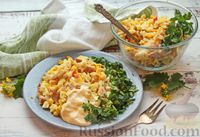 Фото к рецепту: Салат с крабовыми палочками, копчёной курицей, рисом и кукурузой
