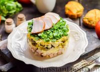 Фото к рецепту: Слоёный салат с копчёной курицей, маринованными шампиньонами и огурцами