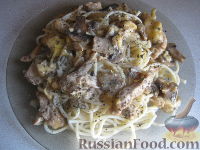 Фото к рецепту: Спагетти с курицей и грибами