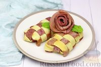 Фото к рецепту: Плетёные двухцветные блины с начинкой из гречки и курицы